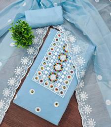 Women's sky blue heavy thread embroidery chanderi cotton dress material