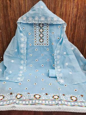 Women's sky blue heavy thread embroidery chanderi cotton dress material 3