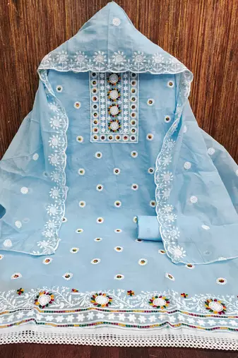 Women's sky blue heavy thread embroidery chanderi cotton dress material