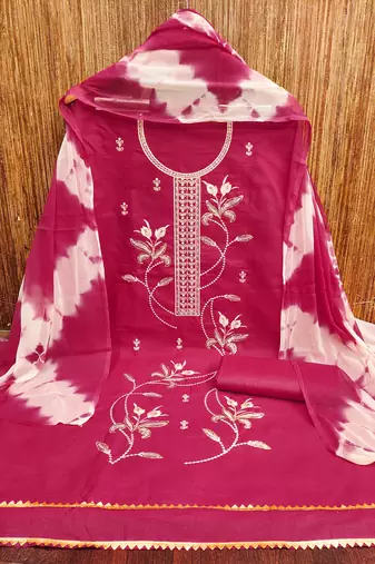 Women's pink thread sequence embroidery pc cotton dress material