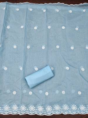 Women's sky blue heavy thread embroidery chanderi cotton dress material 4