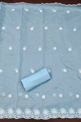 Women's sky blue heavy thread embroidery chanderi cotton dress material