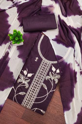 Women's purple unstitched thread sequence embroidery pc cotton dress material (cp9105ppl)