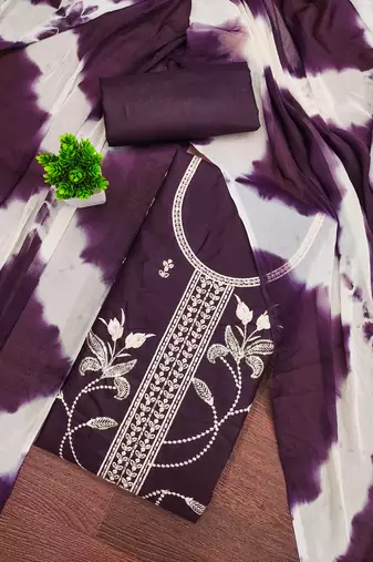 Women's purple unstitched thread sequence embroidery pc cotton dress material (cp9105ppl)