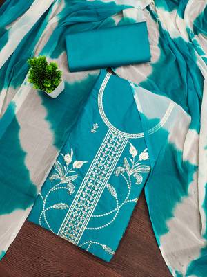 Women's sea green thread sequence embroidery pc cotton dress material 1