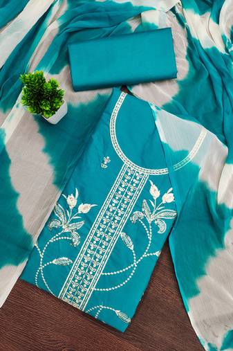 Women's sea green unstitched thread sequence embroidery pc cotton dress material (cp9105sgn)