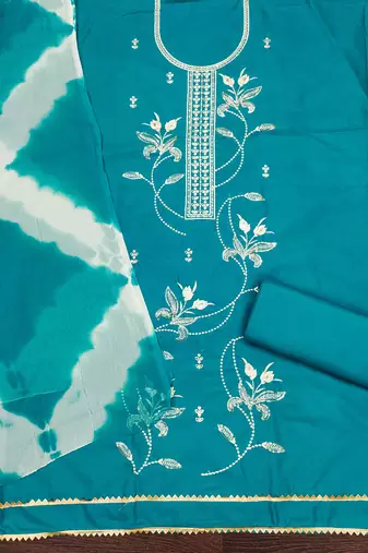 Women's sea green thread sequence embroidery pc cotton dress material