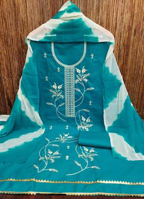 Women's sea green thread sequence embroidery pc cotton dress material 3