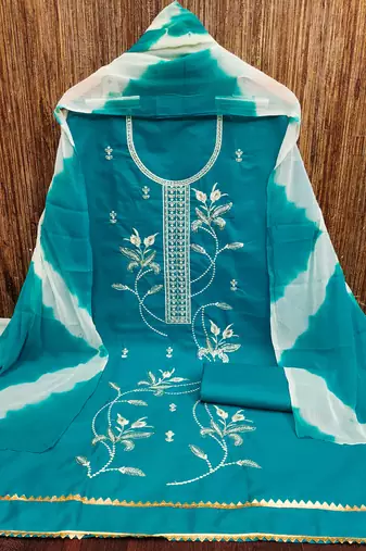 Women's sea green thread sequence embroidery pc cotton dress material