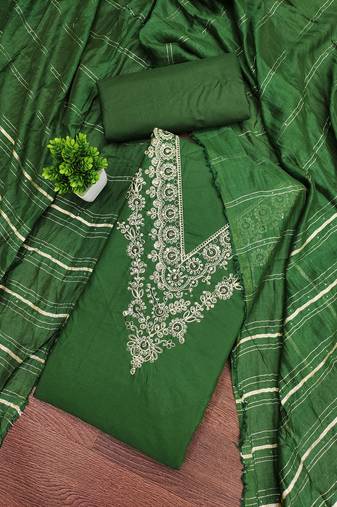 Women's green unstitched thread sequence embroidery pc cotton dress material (cp9106grn)