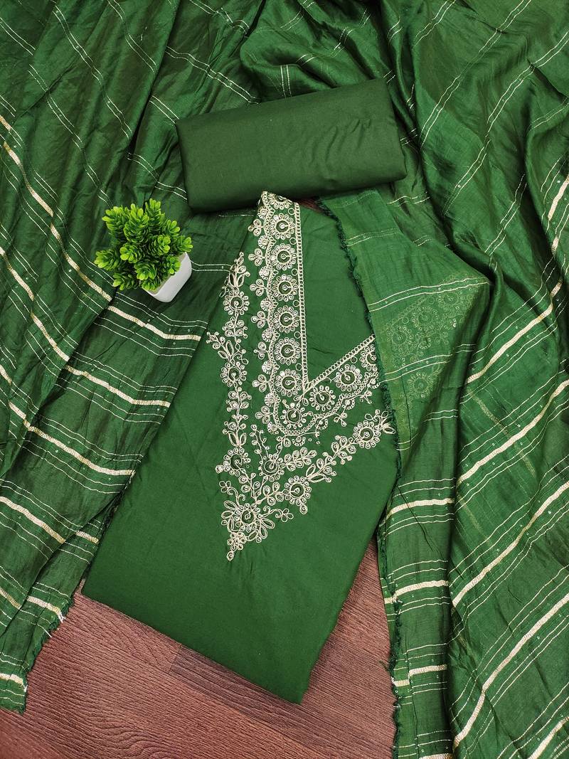 Women's green unstitched thread sequence embroidery pc cotton dress material (cp9106grn)