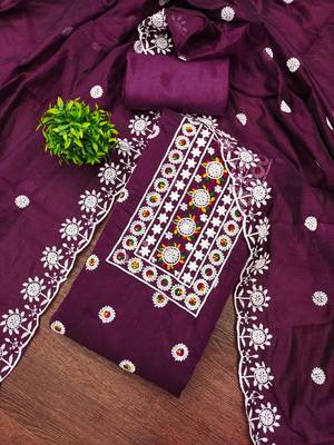 Women's voilet heavy thread embroidery chanderi cotton dress material 2