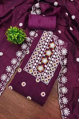 Women's voilet unstitched heavy thread embroidery chanderi cotton dress material (cp9096vlt)