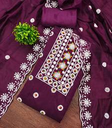 Women's voilet heavy thread embroidery chanderi cotton dress material