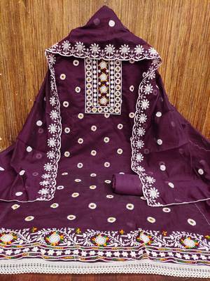 Women's voilet heavy thread embroidery chanderi cotton dress material 3