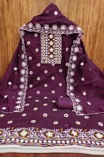 Women's voilet heavy thread embroidery chanderi cotton dress material