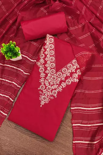 Women's pink unstitched thread sequence embroidery pc cotton dress material (cp9106pnk)