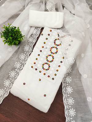 Women's white heavy thread embroidery chanderi cotton dress material 2
