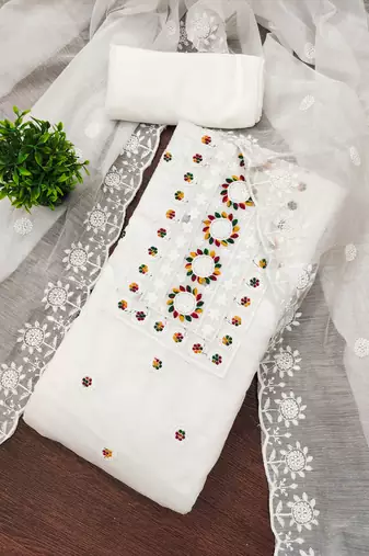 Women's white unstitched heavy thread embroidery chanderi cotton dress material (cp9096wht)