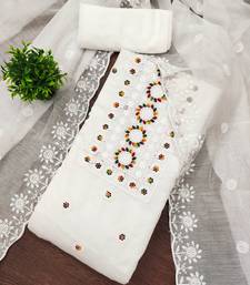 Women's white heavy thread embroidery chanderi cotton dress material