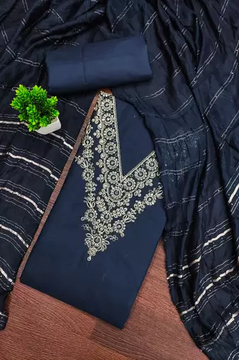 Women's teal blue unstitched thread sequence embroidery pc cotton dress material (cp9106tbl)