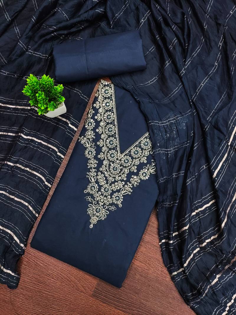 Women's teal blue unstitched thread sequence embroidery pc cotton dress material (cp9106tbl)