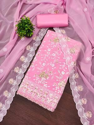 Women's baby pink heavy thread embroidery georgette dress material 2