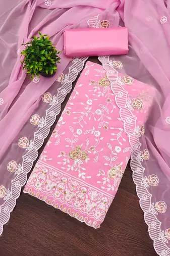Women's baby pink unstitched heavy thread embroidery georgette dress material (cp9097bpk)