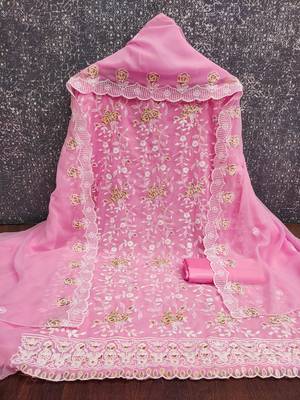 Women's baby pink heavy thread embroidery georgette dress material 3