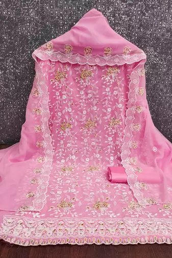 Women's baby pink heavy thread embroidery georgette dress material