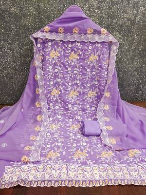 Women's levender heavy thread embroidery georgette dress material 4