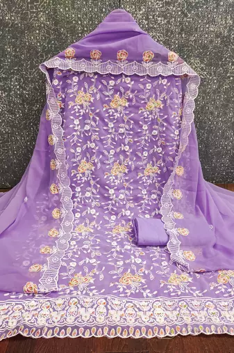 Women's levender heavy thread embroidery georgette dress material
