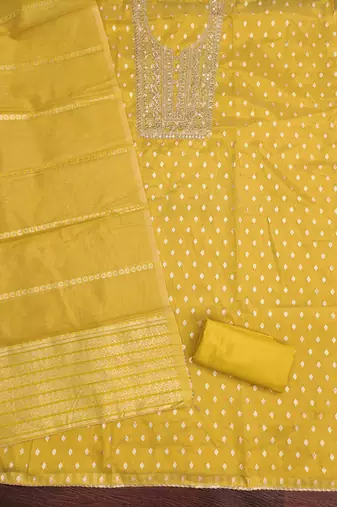 Women's yellow woven sequence embroidery simmer buti jacquard dress material