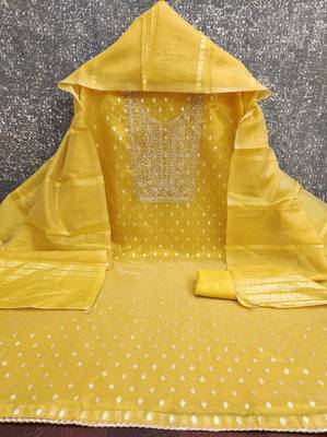 Women's yellow woven sequence embroidery simmer buti jacquard dress material 3