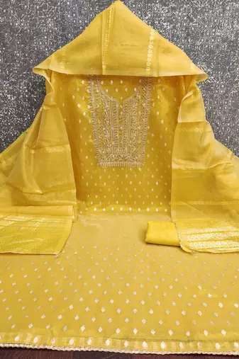 Women's yellow woven sequence embroidery simmer buti jacquard dress material