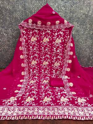 Women's magenta heavy thread embroidery georgette dress material 3