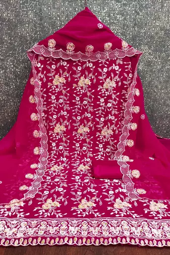 Women's magenta heavy thread embroidery georgette dress material