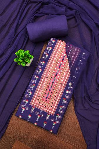Women's multi unstitched print and mirror work rayon cotton dress material (cp9108rbl)