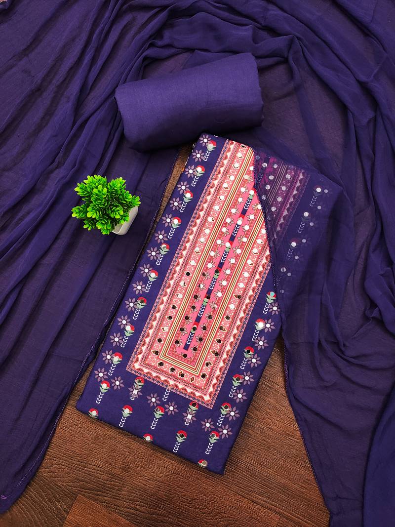 Women's multi unstitched print and mirror work rayon cotton dress material (cp9108rbl)