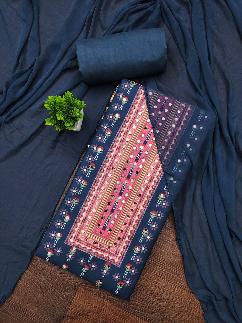Women's multi unstitched print and mirror work rayon cotton dress material (cp9108tbl)