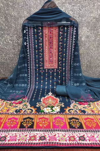 Women's multi print and mirror work rayon cotton dress material