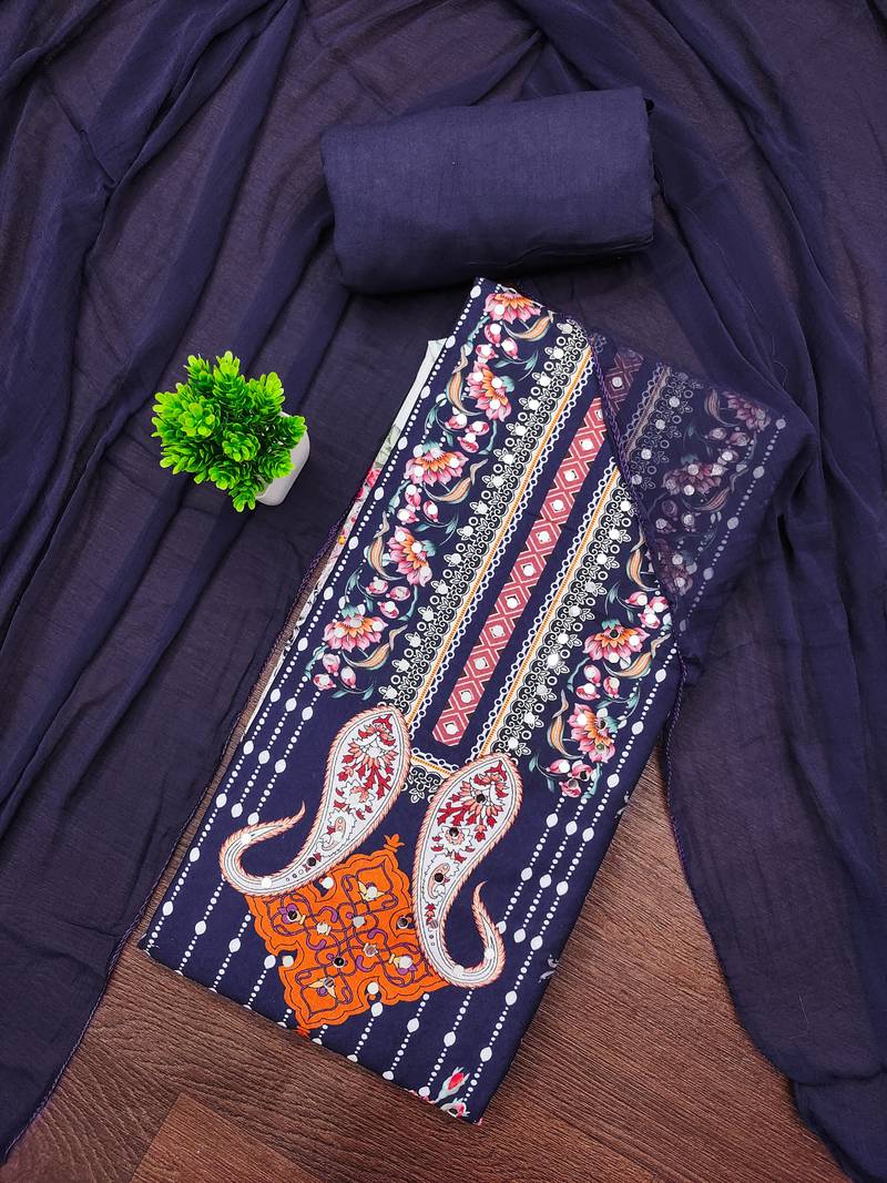 Women's multi unstitched print and mirror work rayon cotton dress material (cp9109blu)