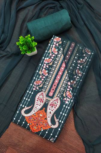 Women's multi unstitched print and mirror work rayon cotton dress material (cp9109grn)
