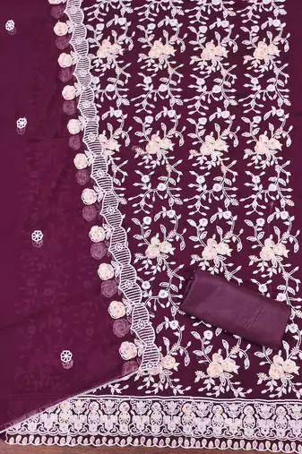 Women's purple heavy thread embroidery georgette dress material
