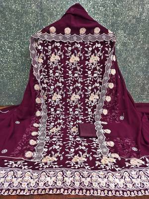 Women's purple heavy thread embroidery georgette dress material 4