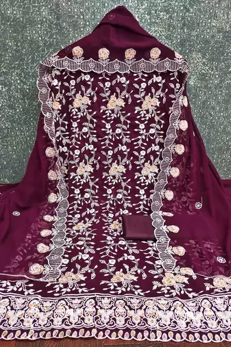 Women's purple heavy thread embroidery georgette dress material