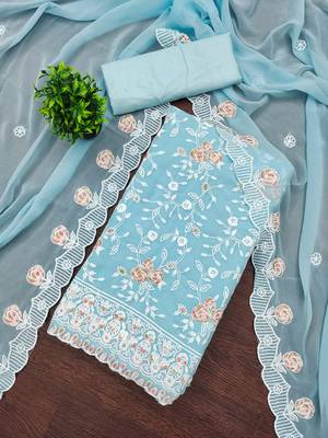 Women's sky blue heavy thread embroidery georgette dress material 2