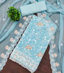 Women's sky blue heavy thread embroidery georgette dress material