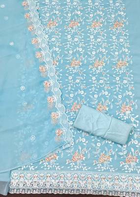 Women's sky blue heavy thread embroidery georgette dress material 3