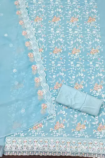 Women's sky blue heavy thread embroidery georgette dress material